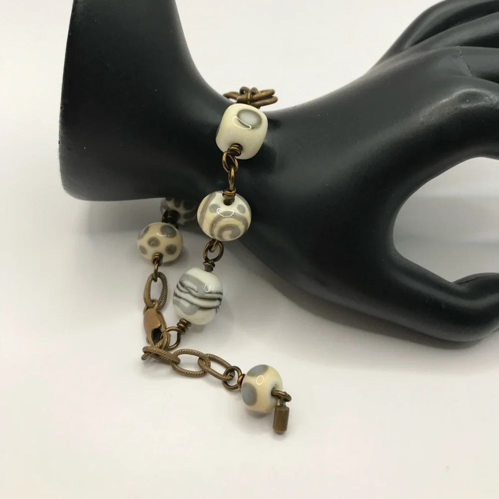 Unique Glass Beaded and Brass/Copper Chain Bracelet - Picture 2 of 6